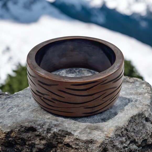 Abstract Carved Wood Bangle - Rustic Textured Boho Bracelet - Picture 2 of 4